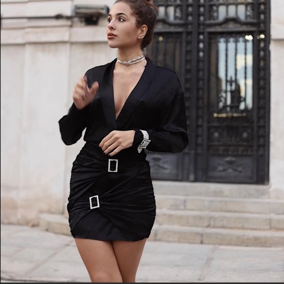 Zara Jewel Trim Satin Effect Dress Black Draped - Picture 14 of 14